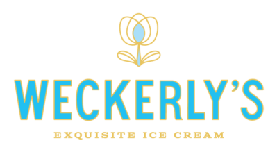 Logo for Weckerly''s Exquisite Ice Cream, featuring a stylized flower and the company name in bold blue text.